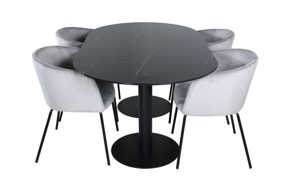 Imagine Pillan Oval Dining Table , Black Black Glass Marble+Berit Chair , Black Light Grey Velvet_4