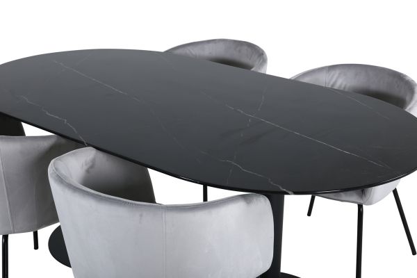 Imagine Pillan Oval Dining Table , Black Black Glass Marble+Berit Chair , Black Light Grey Velvet_4