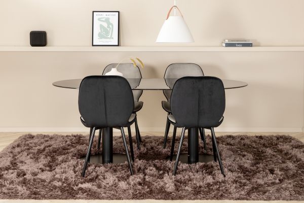 Imagine Pillan Oval Dining Table , Black Black Glass Marble+Emma Chair , Black Black and Light Grey Black Velvet in Back Grey Velvet in front_4