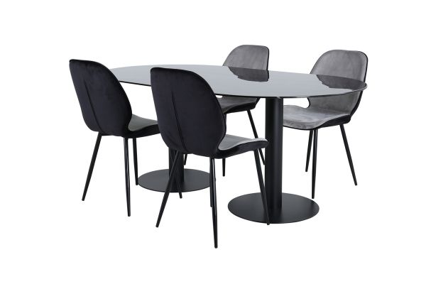 Imagine Pillan Oval Dining Table , Black Black Glass Marble+Emma Chair , Black Black and Light Grey Black Velvet in Back Grey Velvet in front_4