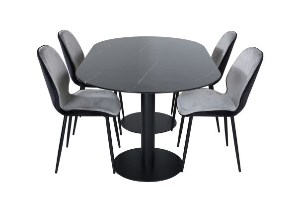 Imagine Pillan Oval Dining Table , Black Black Glass Marble+Emma Chair , Black Black and Light Grey Black Velvet in Back Grey Velvet in front_4