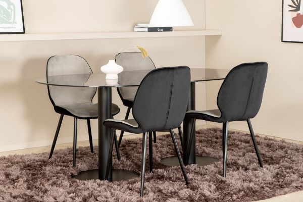 Imagine Pillan Oval Dining Table , Black Black Glass Marble+Emma Chair , Black Black and Light Grey Black Velvet in Back Grey Velvet in front_4