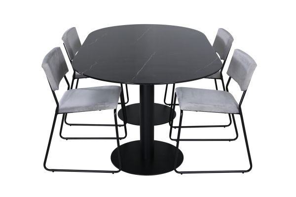 Imagine Pillan Oval Dining Table , Black Black Glass Marble+Kenth Chair , Black Light Grey Velvet_4