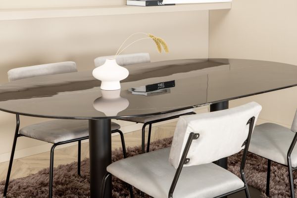 Imagine Pillan Oval Dining Table , Black Black Glass Marble+Kenth Chair , Black Light Grey Velvet_4