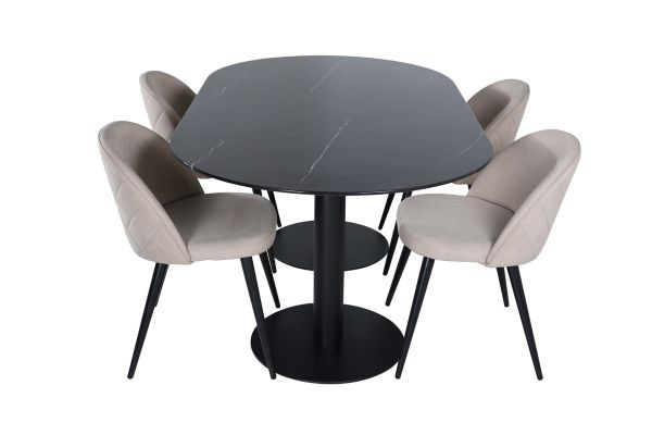 Imagine Pillan Oval Dining Table - Black / Black Glass Marble+Velvet Stitches Chair - Black / Beige Fabric (Polyester linen )_4