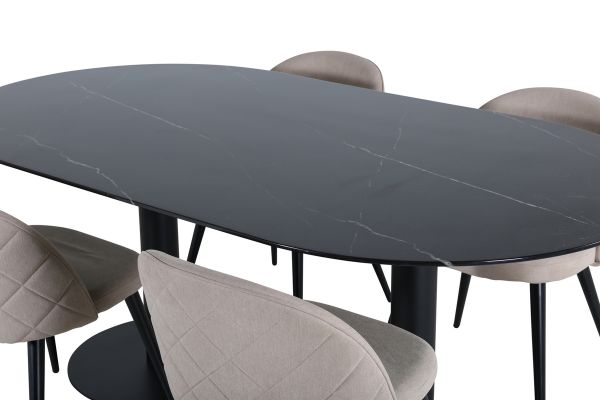 Imagine Pillan Oval Dining Table - Black / Black Glass Marble+Velvet Stitches Chair - Black / Beige Fabric (Polyester linen )_4