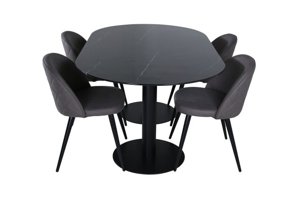 Imagine Pillan Oval Dining Table - Black / Black Glass Marble+Velvet Stitches Chair - Black / Grey Micro Fibre_4