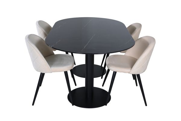 Imagine Pillan Oval Dining Table - Black / Black Glass Marble+Velvet Stitches Chair - Black / Beige Velvet_4