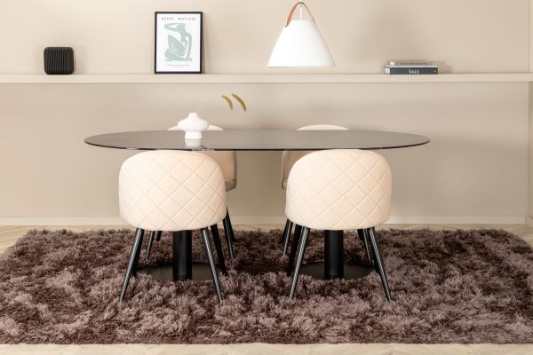 Imagine Pillan Oval Dining Table - Black / Black Glass Marble+Velvet Stitches Chair - Black / Beige Velvet_4