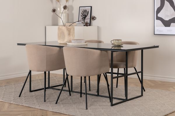 Imagine Leif Dining Table - Black / Black smoked smoked Glass+Berit Chair - Black / Beige Fabric (Polyester linen )_4