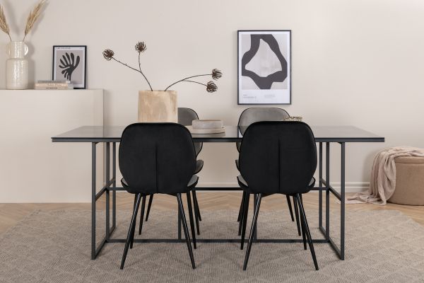 Imagine Leif Dining Table - Black / Black smoked smoked Glass+Emma Chair - Black / Black and Light Grey Black Velvet in Back Grey Velvet in front_4