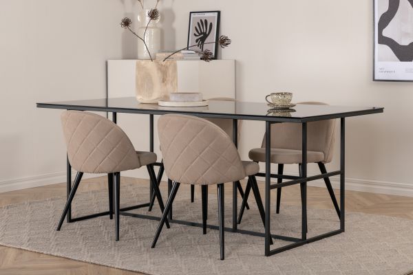 Imagine Leif Dining Table - Black / Black smoked smoked Glass+Velvet Stitches Chair - Black / Beige Fabric (Polyester linen )_4