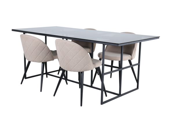 Imagine Leif Dining Table - Black / Black smoked smoked Glass+Velvet Stitches Chair - Black / Beige Fabric (Polyester linen )_4