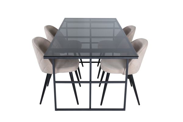 Imagine Leif Dining Table - Black / Black smoked smoked Glass+Velvet Stitches Chair - Black / Beige Fabric (Polyester linen )_4