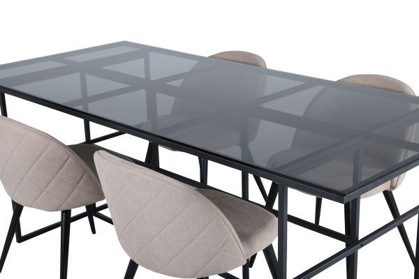 Imagine Leif Dining Table - Black / Black smoked smoked Glass+Velvet Stitches Chair - Black / Beige Fabric (Polyester linen )_4