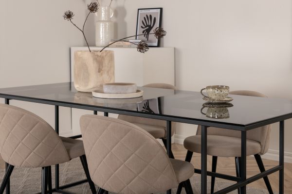 Imagine Leif Dining Table - Black / Black smoked smoked Glass+Velvet Stitches Chair - Black / Beige Fabric (Polyester linen )_4