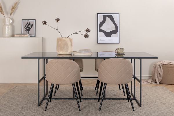 Imagine Leif Dining Table - Black / Black smoked smoked Glass+Velvet Stitches Chair - Black / Beige Fabric (Polyester linen )_4