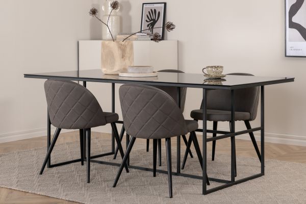 Imagine Leif Dining Table - Black / Black smoked smoked Glass+Velvet Stitches Chair - Black / Grey Micro Fibre_4