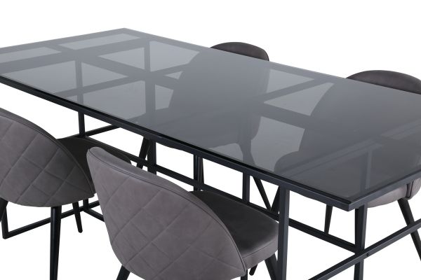 Imagine Leif Dining Table - Black / Black smoked smoked Glass+Velvet Stitches Chair - Black / Grey Micro Fibre_4