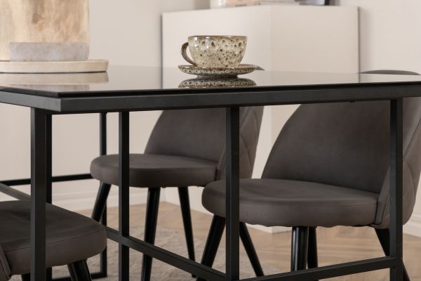 Imagine Leif Dining Table - Black / Black smoked smoked Glass+Velvet Stitches Chair - Black / Grey Micro Fibre_4