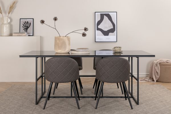 Imagine Leif Dining Table - Black / Black smoked smoked Glass+Velvet Stitches Chair - Black / Grey Micro Fibre_4