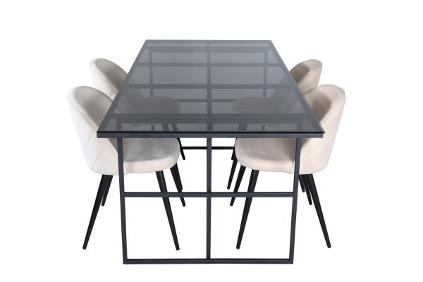 Imagine Leif Dining Table - Black / Black smoked smoked Glass+Velvet Stitches Chair - Black / Beige Velvet_4