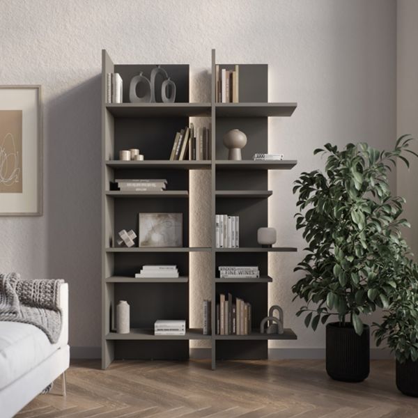 Biblioteca stanga, 12 polite, iluminare, gri, Fitt