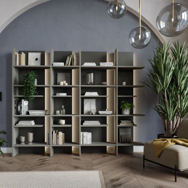 Biblioteca stanga, 12 polite, iluminare, gri, Fitt