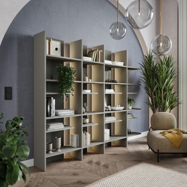 Biblioteca stanga, 12 polite, iluminare, gri, Fitt