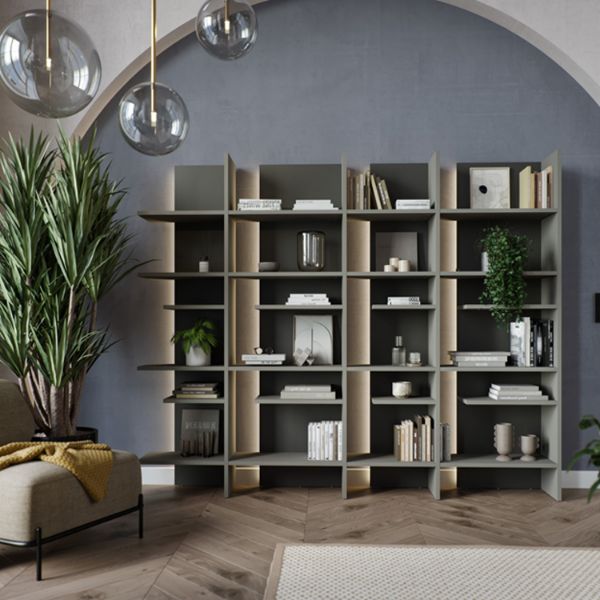 Biblioteca dreapta, 12 polițe, iluminare, gri, Fitt
