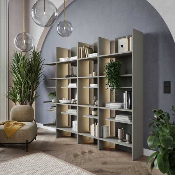 Biblioteca dreapta, 12 polițe, iluminare, gri, Fitt