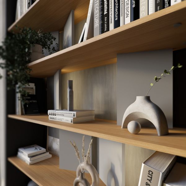 Biblioteca, 5 polițe, iluminare, gri/stejar, Fitt