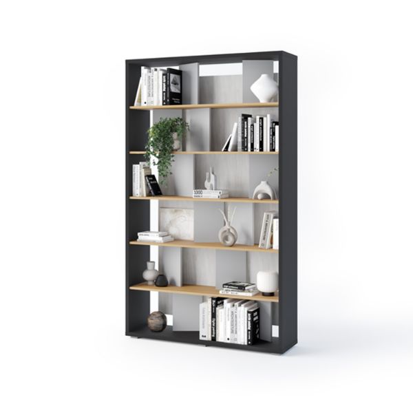 Biblioteca, 5 polițe, iluminare, gri lucios/stejar, Fitt
