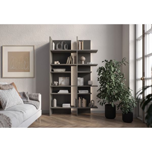 Biblioteca stanga, 12 polite, iluminare, gri, Fitt