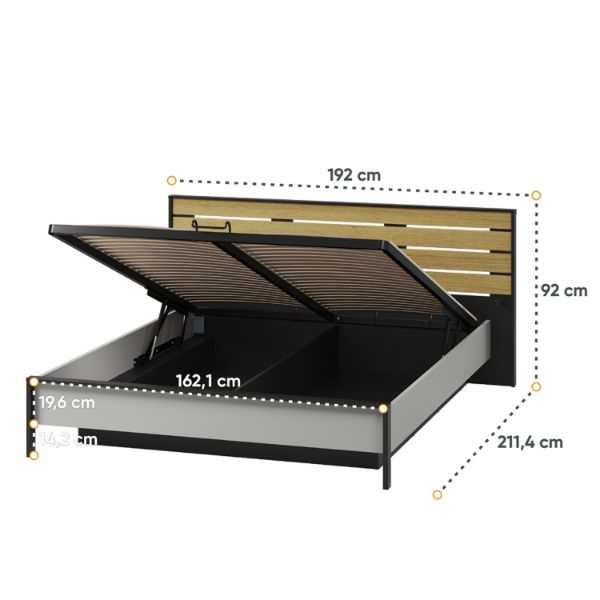 Pat 160 x 200 cm, LED, gri/negru/stejar Grande