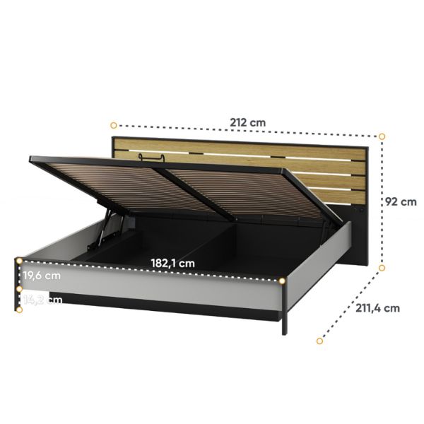 Pat 180 x 200 cm, LED, gri/negru/stejar Grande 