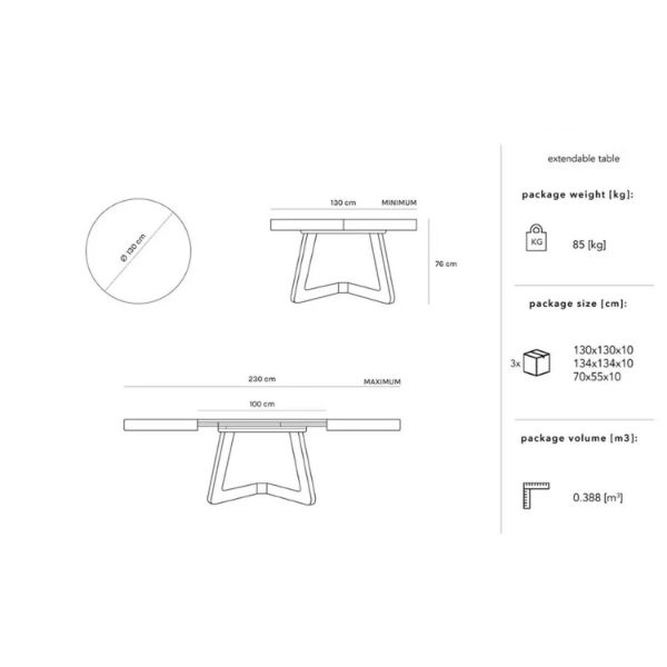 Masa rotunda extensibila 130/230 cm nuc Anton II