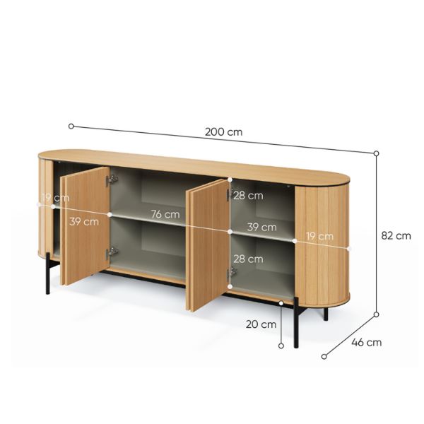 Bufet 200 cm, 4 usi, decor stejar natur/negru Rotto 
