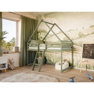 Pat casuta lemn masiv 90 x 200 cm verde olive Moon