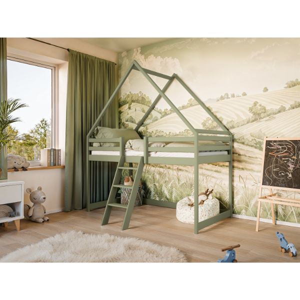 Pat casuta lemn masiv 90 x 200 cm verde olive Moon