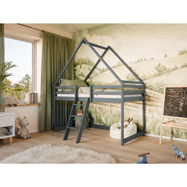 Pat casuta lemn masiv 90 x 200 cm antracit Moon