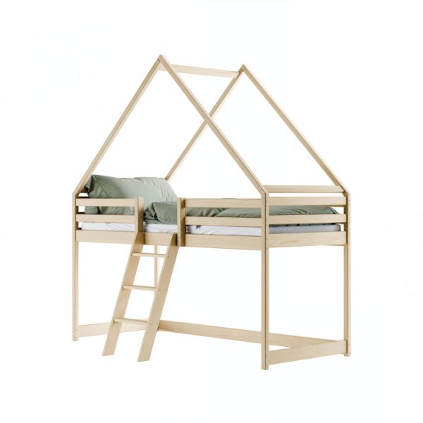 Pat casuta lemn masiv 90 x 200 cm natur Moon