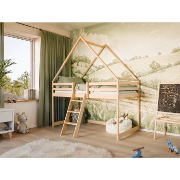 Pat casuta lemn masiv 90 x 200 cm natur Moon
