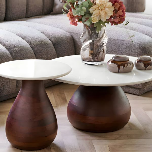 Masuta laterala, marmura, lemn mango, alb/maro inchis Heide