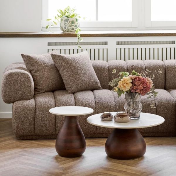 Masuta laterala, marmura, lemn mango, alb/maro inchis Heide