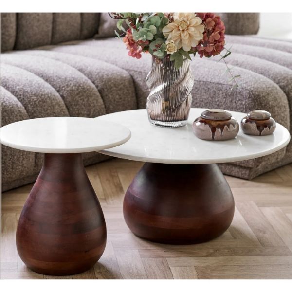 Masuta cafea, marmura, lemn mango, alb/maro inchis Heide