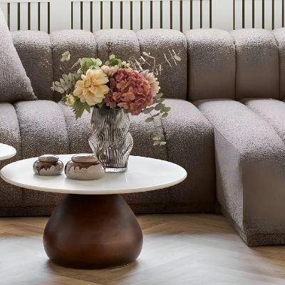 Masuta cafea, marmura, lemn mango, alb/maro inchis Heide