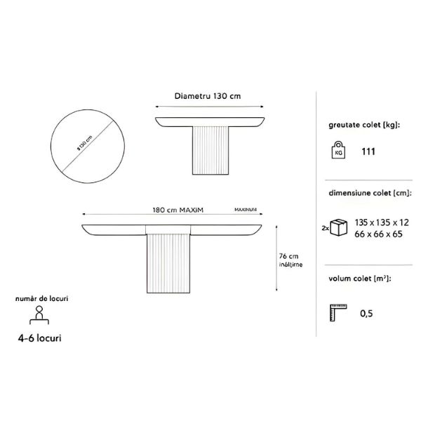 Masa rotunda extensibila 130/180 cm negru Rond