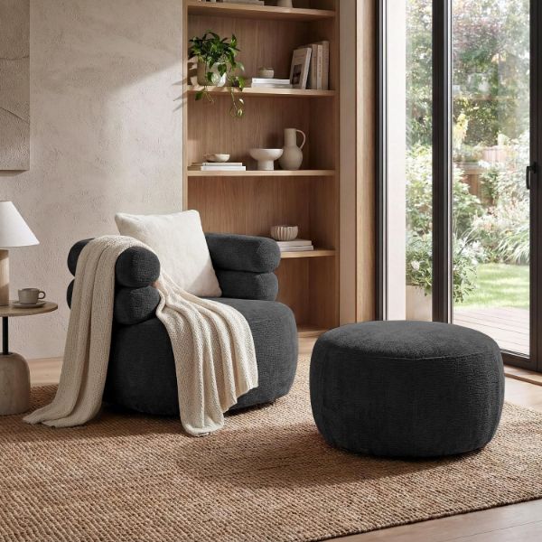 Taburet tapitat rotund negru Nela