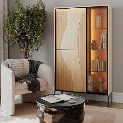 Vitrina cu 2 usi, iluminare LED, stejar/negru Flow